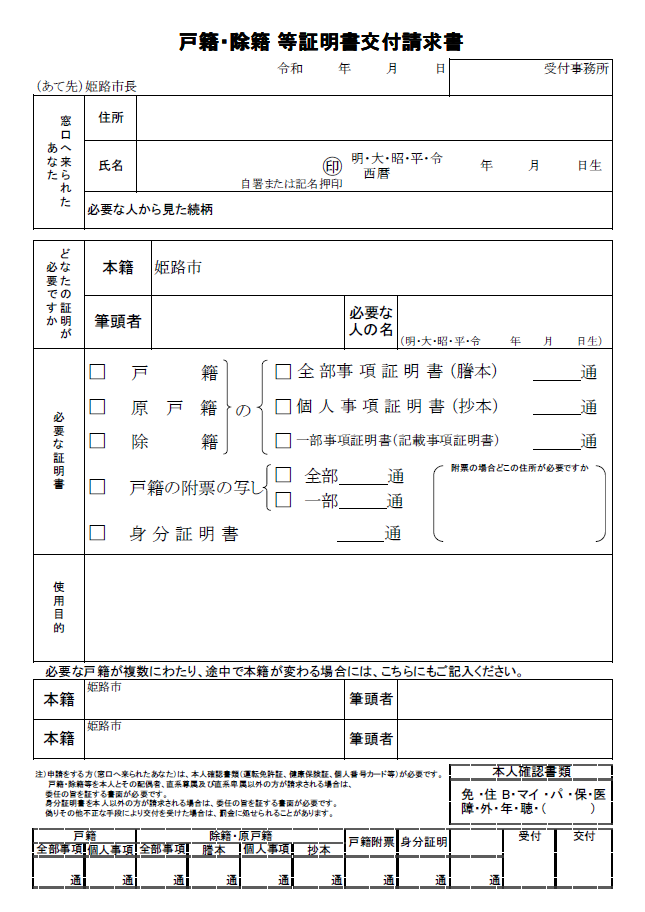 姫路市　身分証明書の申請