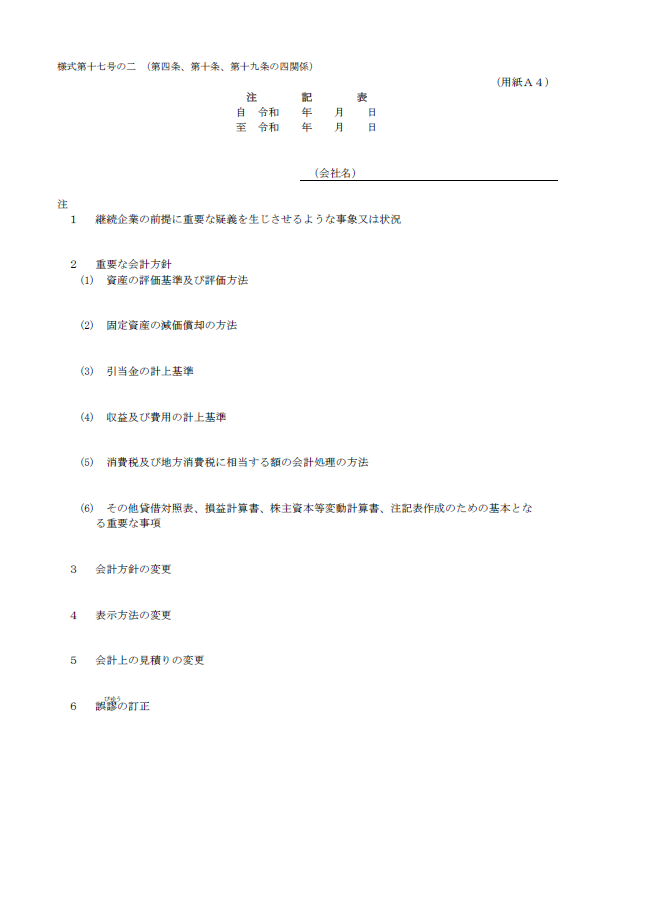 【建設業許可申請】財務諸表(法人用)注記表 様式第17号の2