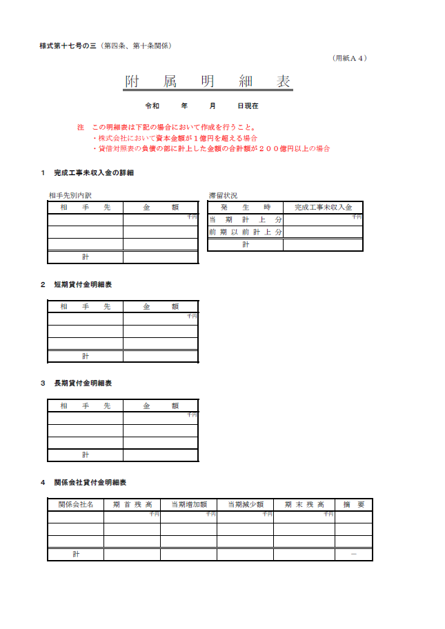 【建設業許可申請】財務諸表(法人用)附属明細書 様式第17号の3 1