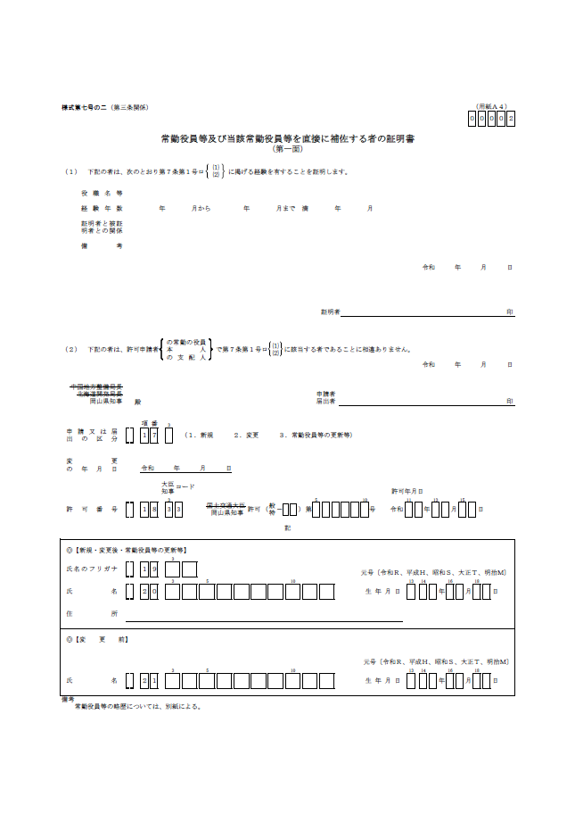 【建設業許可申請】常勤役員等及び当該常勤役員等を直接に補佐する者の証明書　様式第７号の２