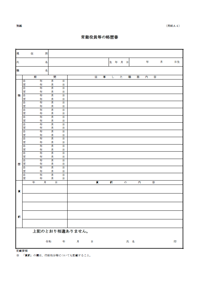 【建設業許可申請】経営業務の管理責任者の略歴書　様式第７号 別紙