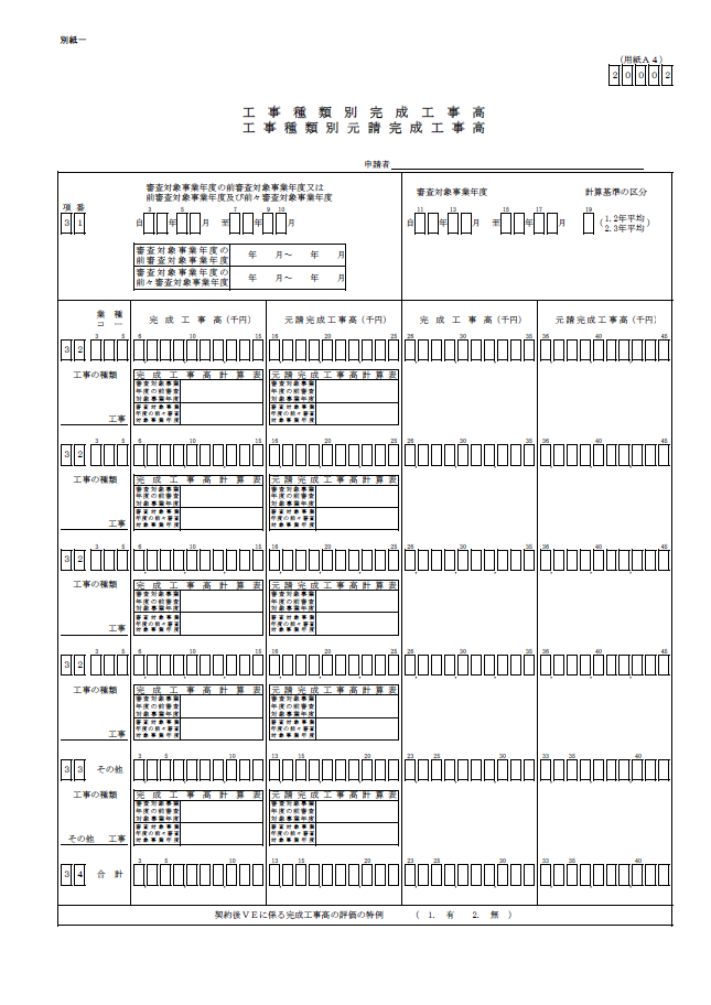 【経営事項審査申請】工事種類別完成工事高・工事種類別元請完成工事高（20002 帳票）１