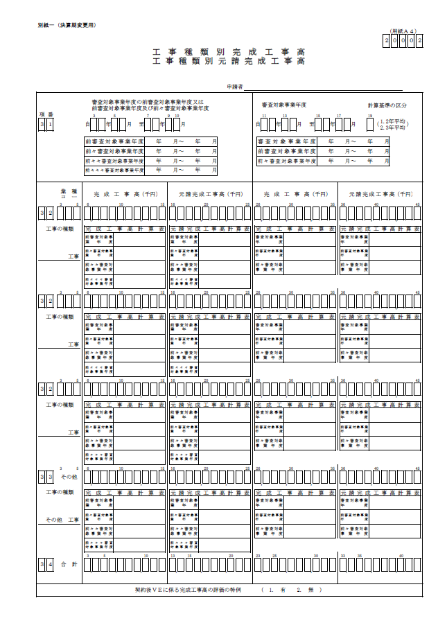 【経営事項審査申請】工事種類別完成工事高・工事種類別元請完成工事高（20002 帳票）２