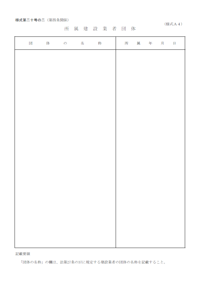 【建設業許可申請】所属建設業者団体　様式第２０号の２