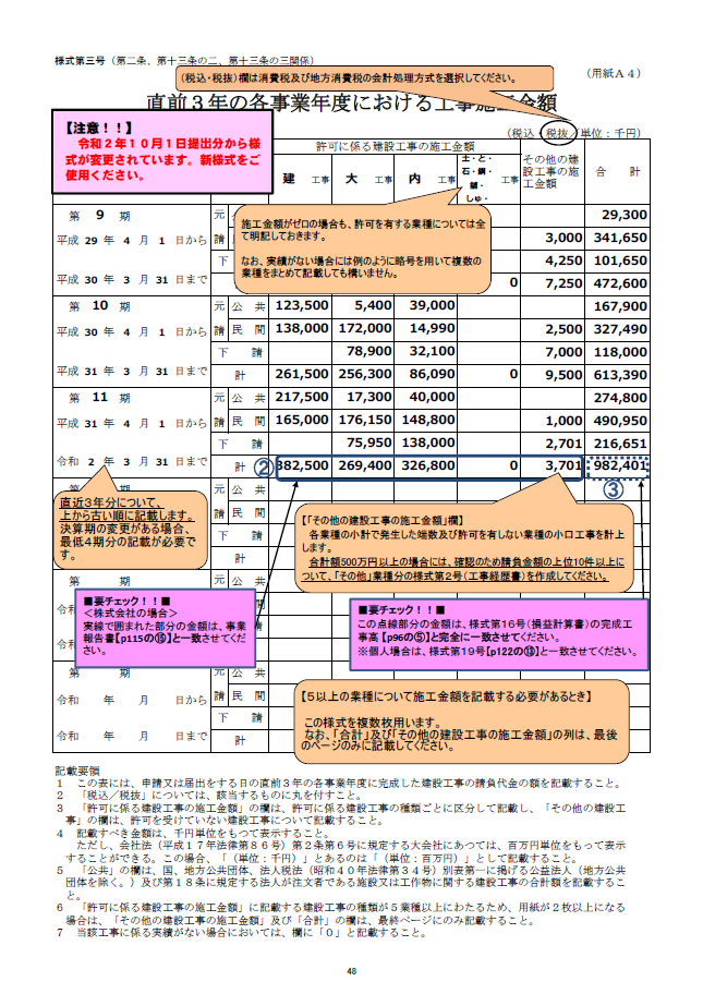 【建設業許可申請】直前３年の各事業年度における工事施工金額　様式第３号　記載例