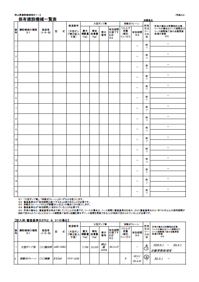 【経営事項審査申請】保有建設機械一覧表（岡山県）２