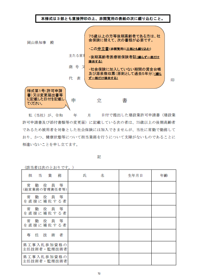 記載例【建設業許可申請】申立書（常勤していること等についてのもの）（岡山県）