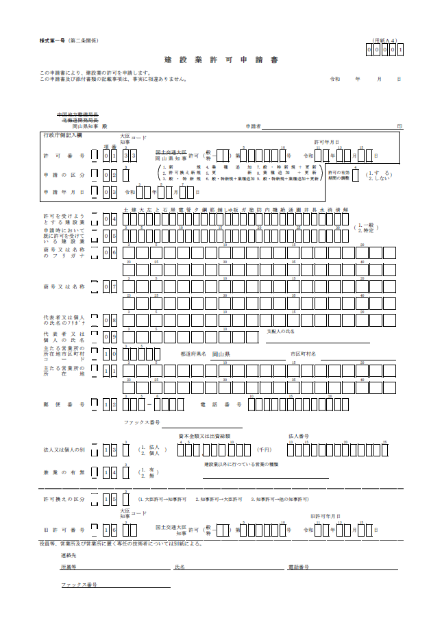 【建設業許可申請】許可申請書　様式第１号