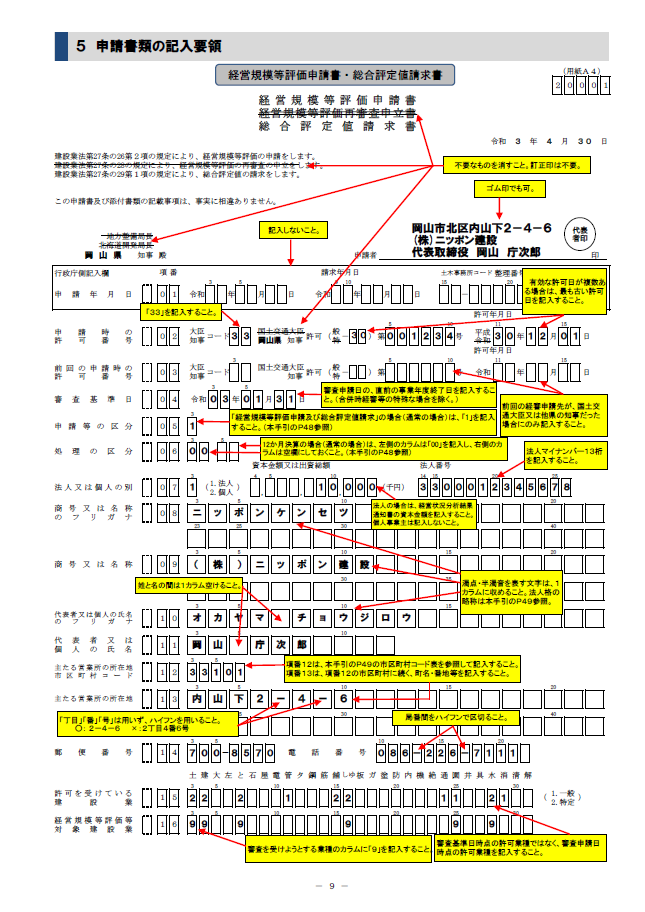 記載例【経営事項審査申請】経営規模等評価申請書・総合評定値請求書（20001 帳票）１