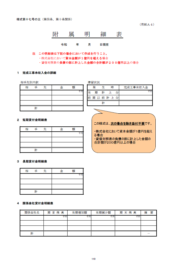 建設業許可申請 財務諸表 法人用 附属明細書 様式第１７号の３