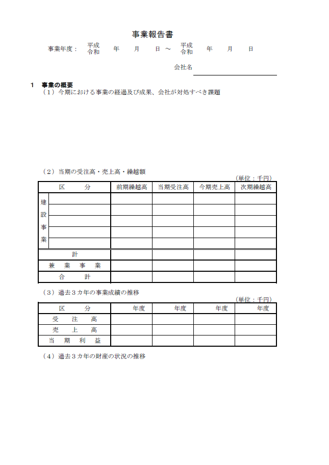 建設業許可申請 財務諸表 法人用 事業報告書